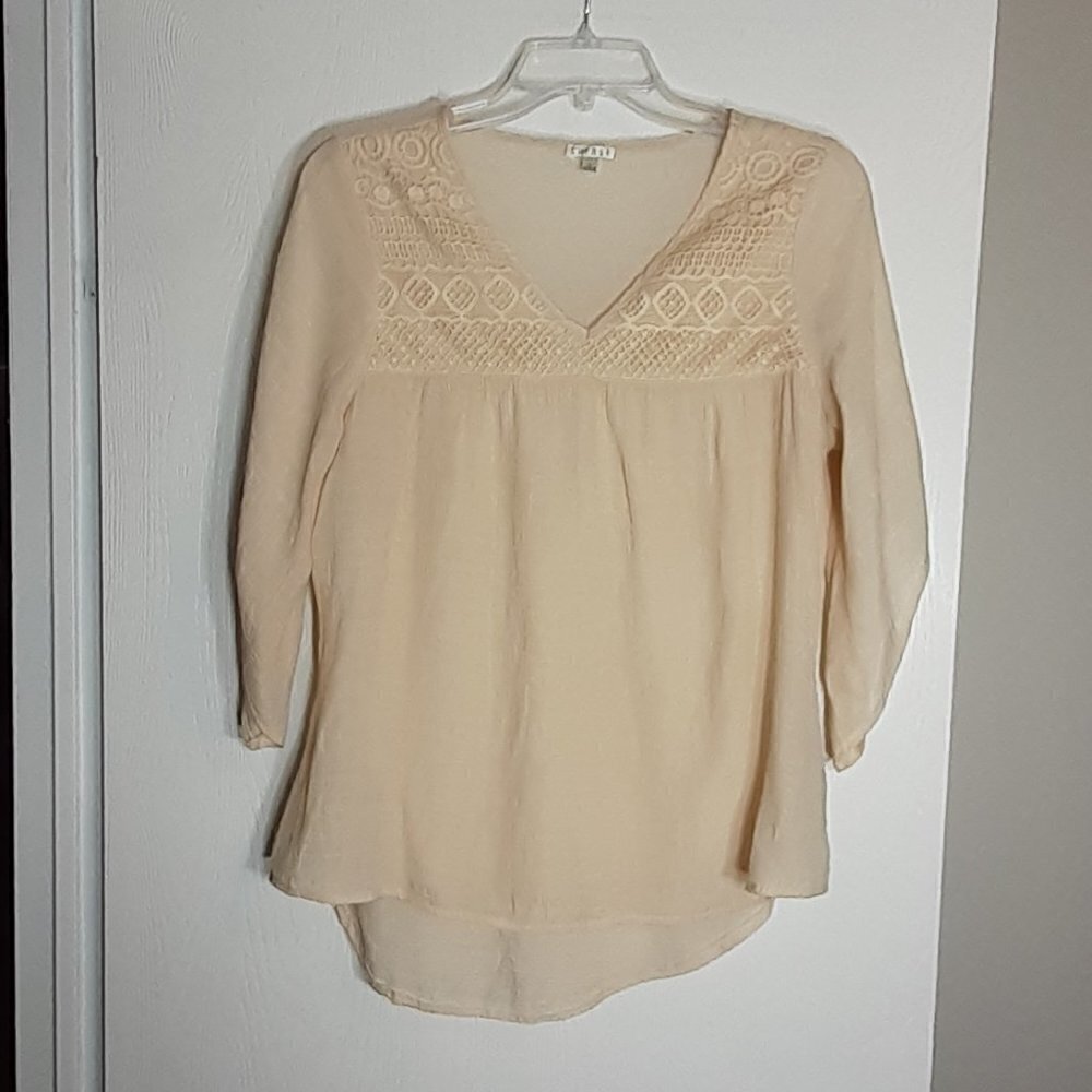 Spense Beige Peasant Top Tunic; Lace Upper; 3/4 Bell Sleeves; Size Small